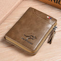 Men's leather RFID wallet, brown zippered card holder with kangaroo logo and keyring
