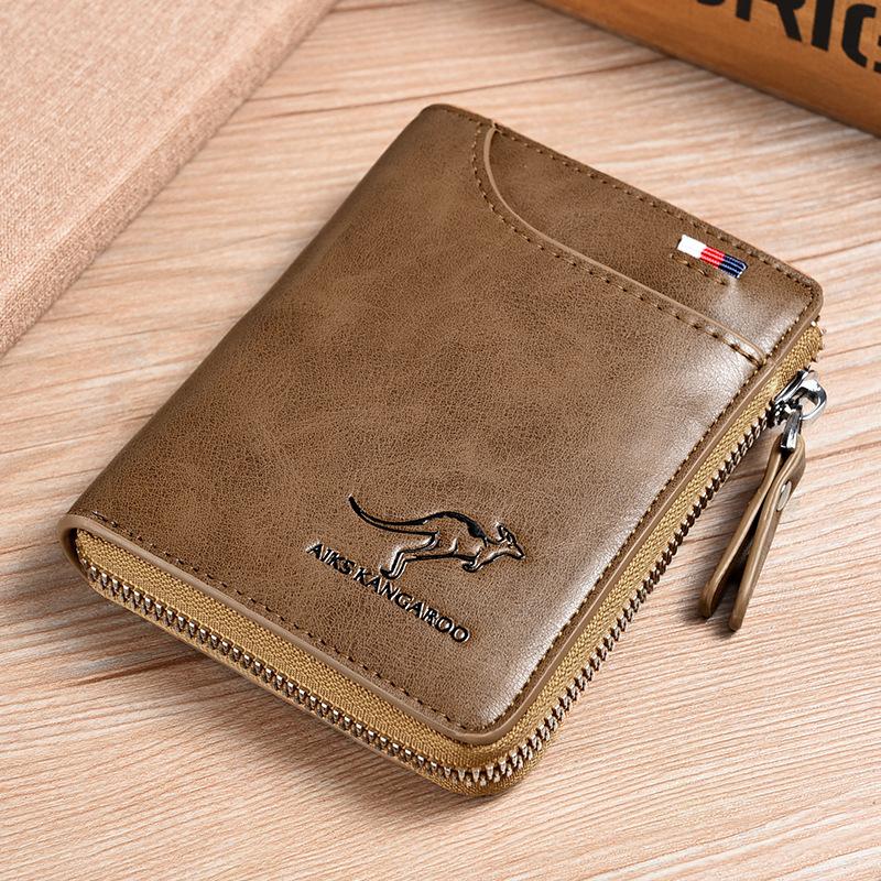 Men's leather RFID wallet, brown zippered card holder with kangaroo logo and keyring