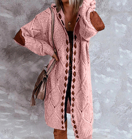 Long hooded knit cardigan with cutout trim, dusty pink textured knit and open front