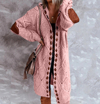 Long hooded knit cardigan with cutout trim, dusty pink textured knit and open front