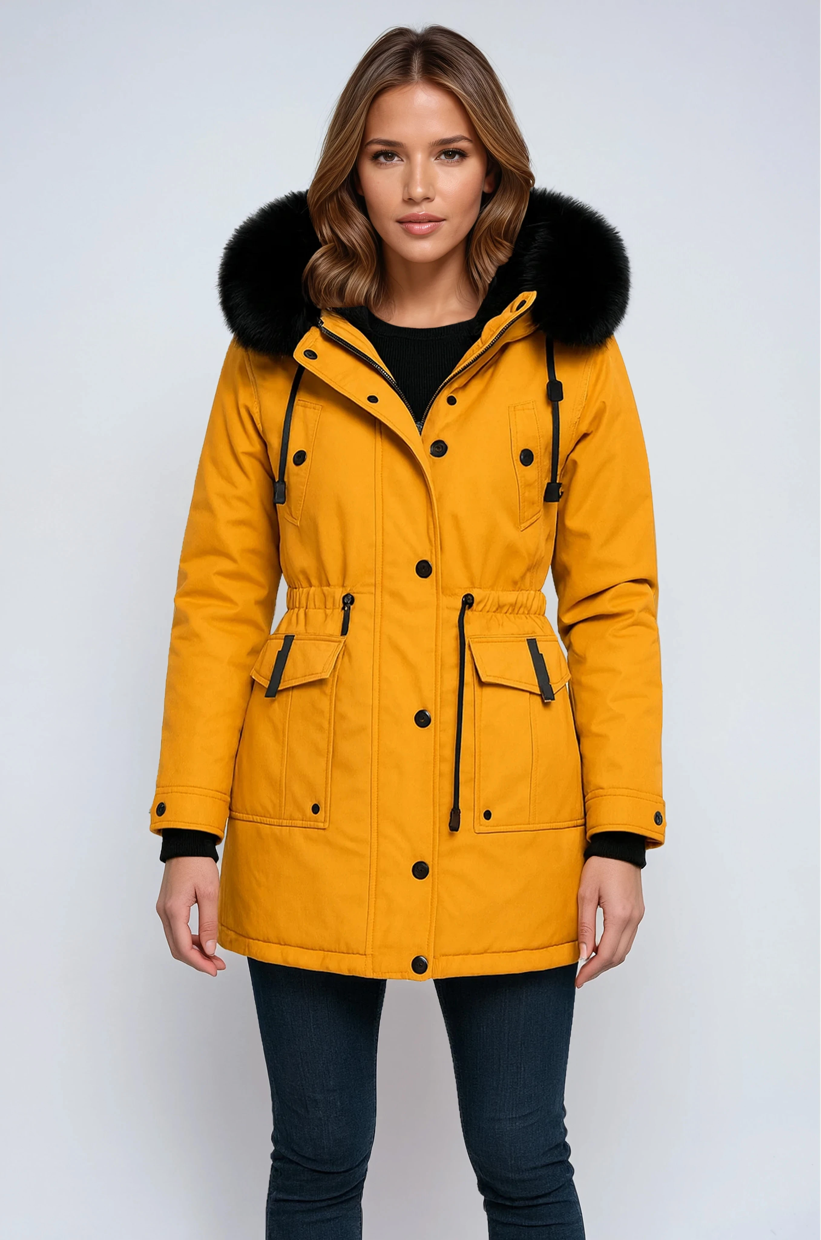 Women’s parka coat with faux fur hood in mustard yellow, drawcord and front flap pockets