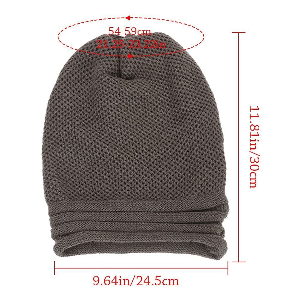 Dark gray knitted beanie with fold-over cuff; shown with size silhouette