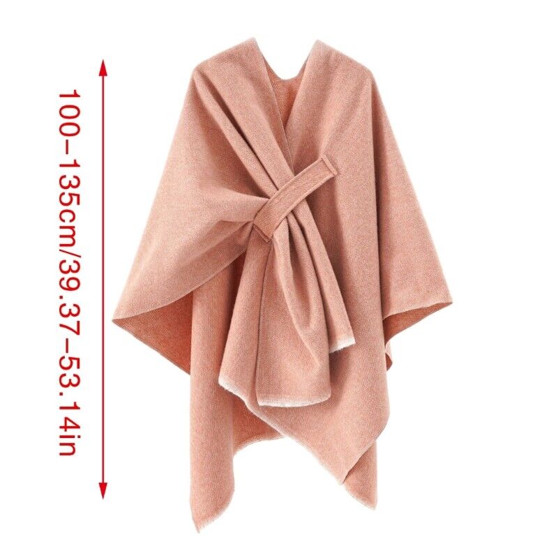 Rose pink cashmere poncho with V-neck, ruched bow front, fringe hem
