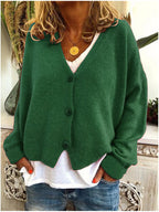 Women's V-neck button cardigan, deep green knit with long sleeves