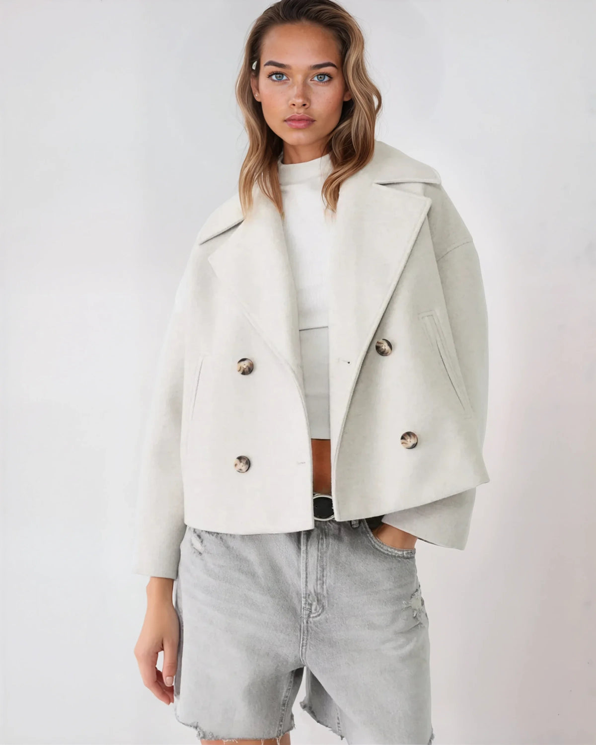 White short double-breasted wool jacket with gold buttons and wide lapels