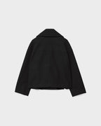 Black short double-breasted wool jacket, back view with center seam and yoke