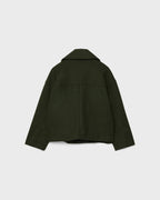 Dark green short double-breasted wool jacket, back view with center seam