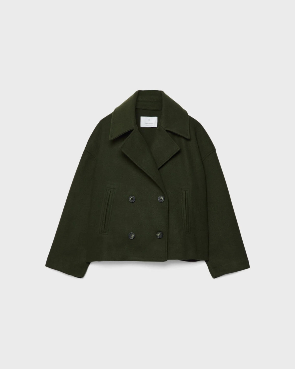 Women’s short double-breasted wool jacket, dark green, notch lapels, flap pockets