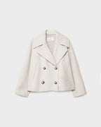 Women’s short double-breasted wool jacket, light cream, notch lapels, flap pockets