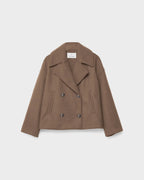 Women’s short double-breasted wool jacket, brown, notch lapels, flap pockets