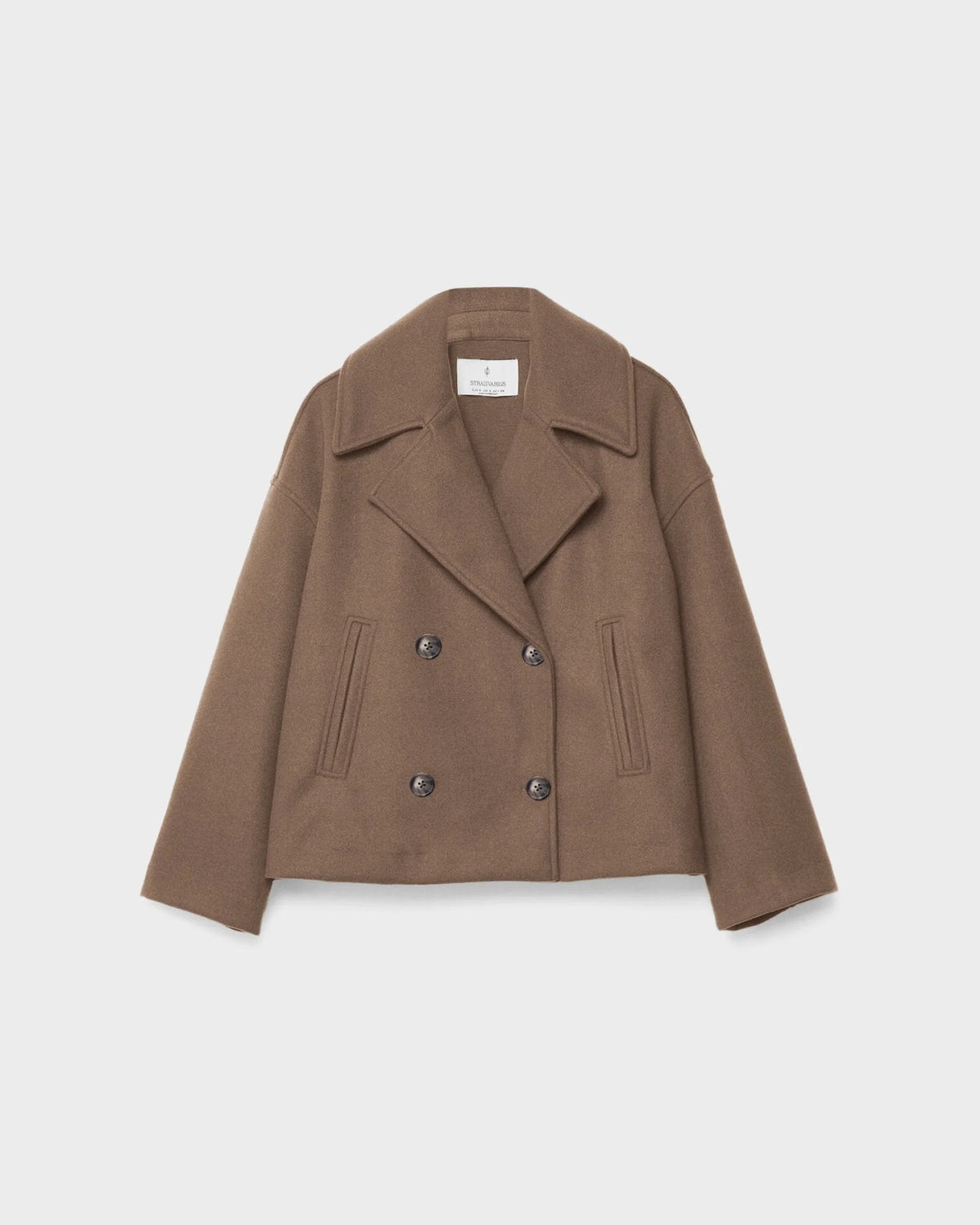 Women’s short double-breasted wool jacket, brown, notch lapels, flap pockets
