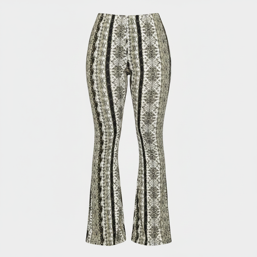 Women’s flared statement trousers with cream and dark patterned print, high-waist fit