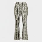 Women’s flared statement trousers with cream and dark patterned print, high-waist fit