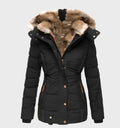 Women’s slim fit winter jacket with hood, faux fur trim, black, button front