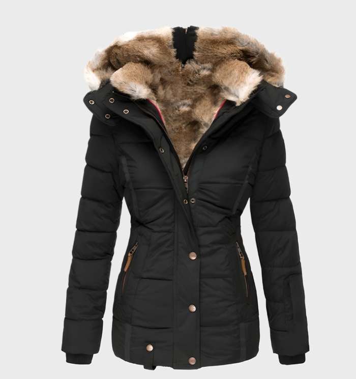 Women’s slim fit winter jacket with hood, faux fur trim, black, button front