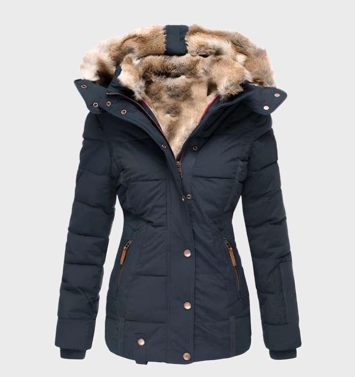 Women’s slim fit winter jacket with hood, faux fur trim, navy/blue, button front