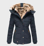 Women’s slim fit winter jacket with hood, faux fur trim, navy/blue, button front
