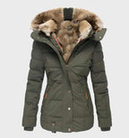 Women’s slim fit winter jacket with hood, faux fur trim, green, button front