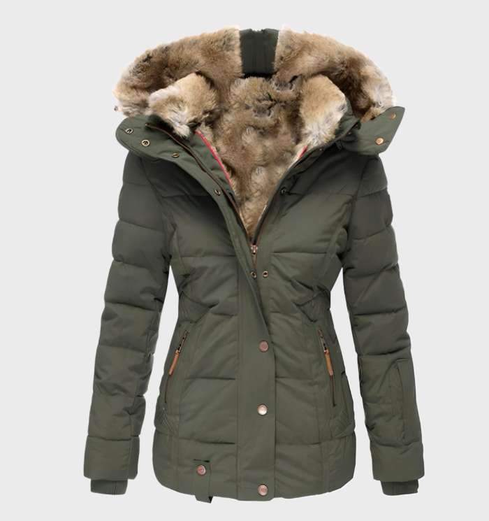 Women’s slim fit winter jacket with hood, faux fur trim, green, button front
