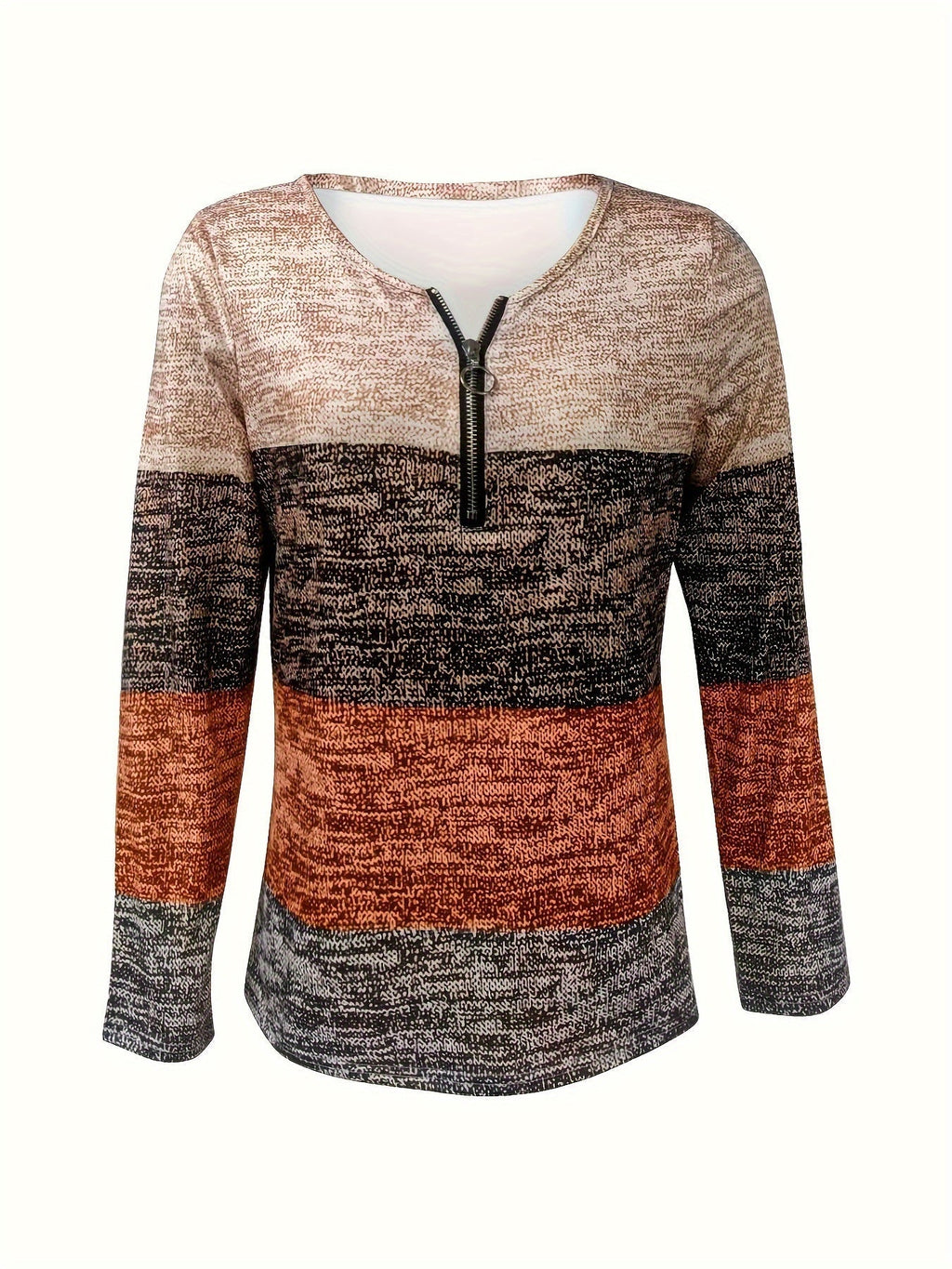 Women's quarter-zip block-stripe sweater in heather tan, charcoal, and rust