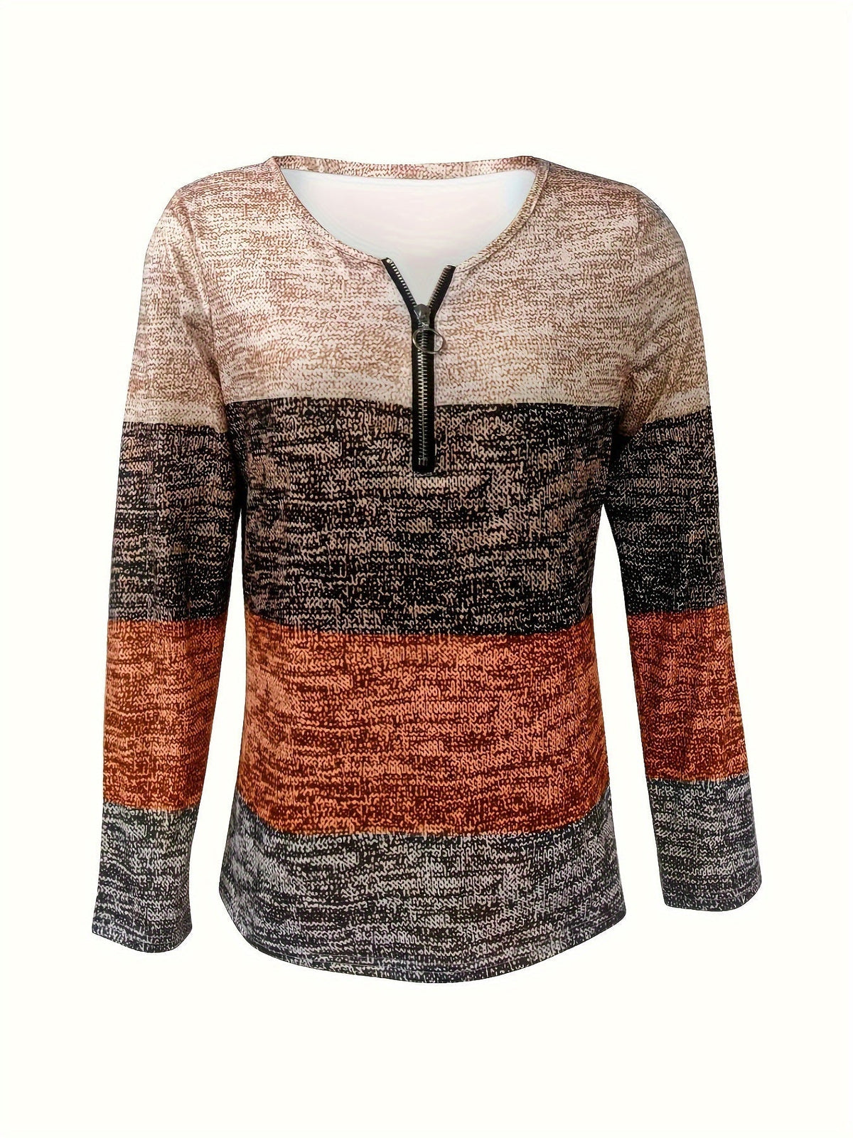 Women's quarter-zip block-stripe sweater in heather tan, charcoal, and rust