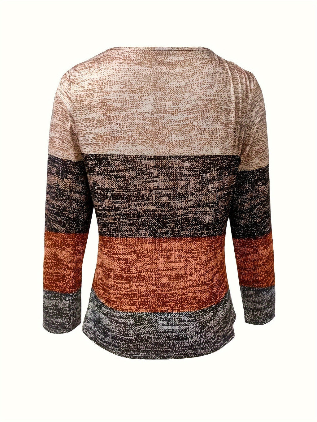 Women's block-stripe quarter-zip sweater back view; heather tan, rust, and charcoal bands
