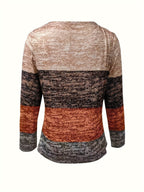 Women's block-stripe quarter-zip sweater back view; heather tan, rust, and charcoal bands