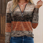 Women's quarter-zip block-stripe sweater front view, heather tan, charcoal, and rust bands