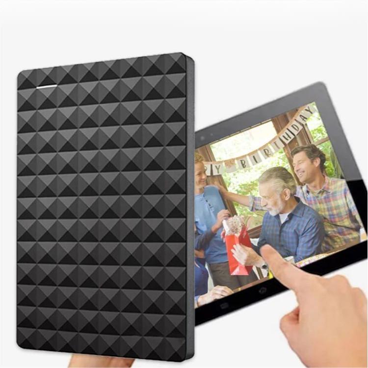 Ultra-thin portable hard drive with black geometric pattern, ready to connect