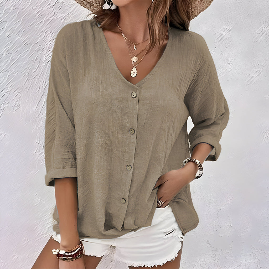 Women's button-front V-neck blouse, khaki, loose fit, 3/4 sleeves