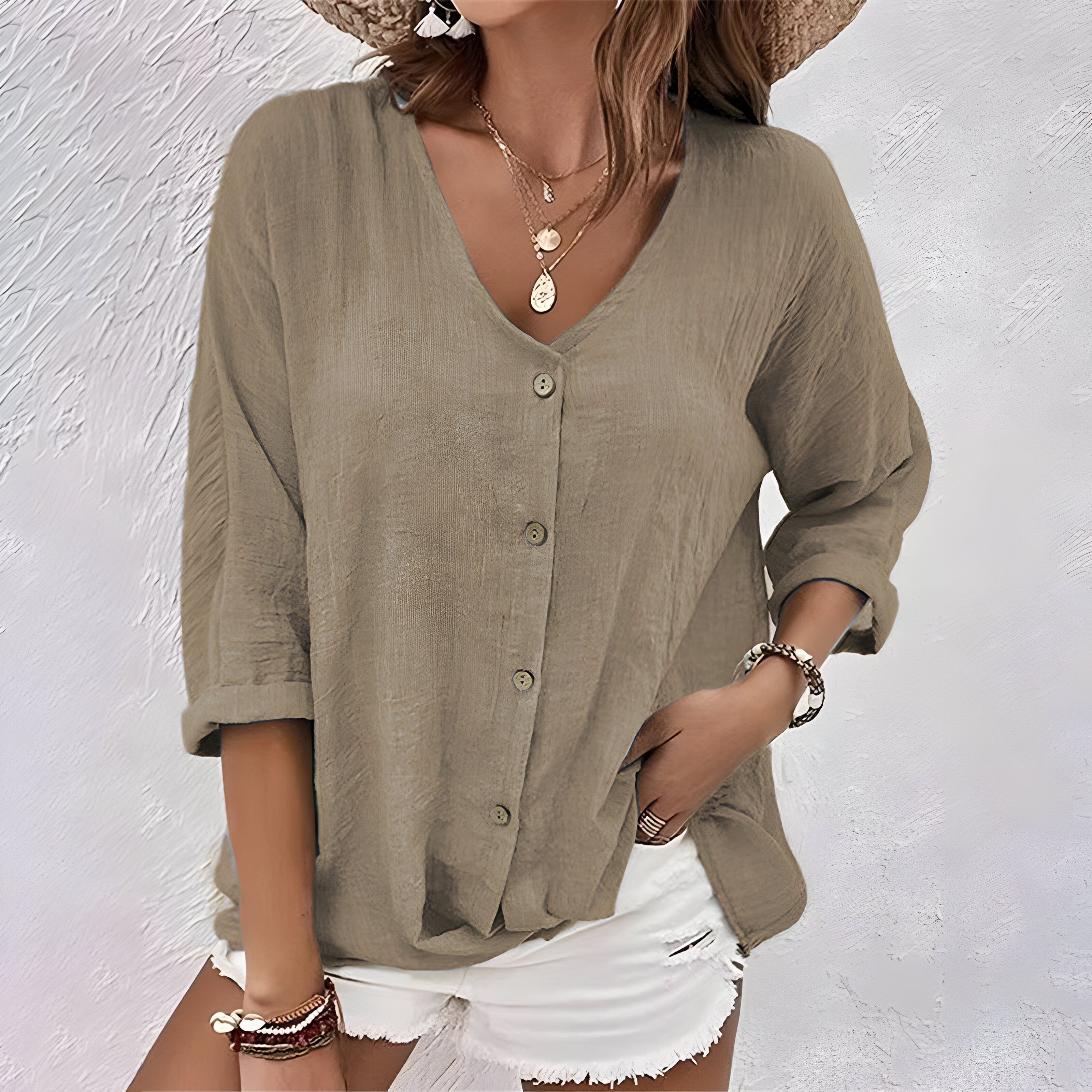 Women's button-front V-neck blouse, khaki, loose fit, 3/4 sleeves