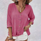 Women's button-front V-neck blouse, pink, loose fit, 3/4 sleeves