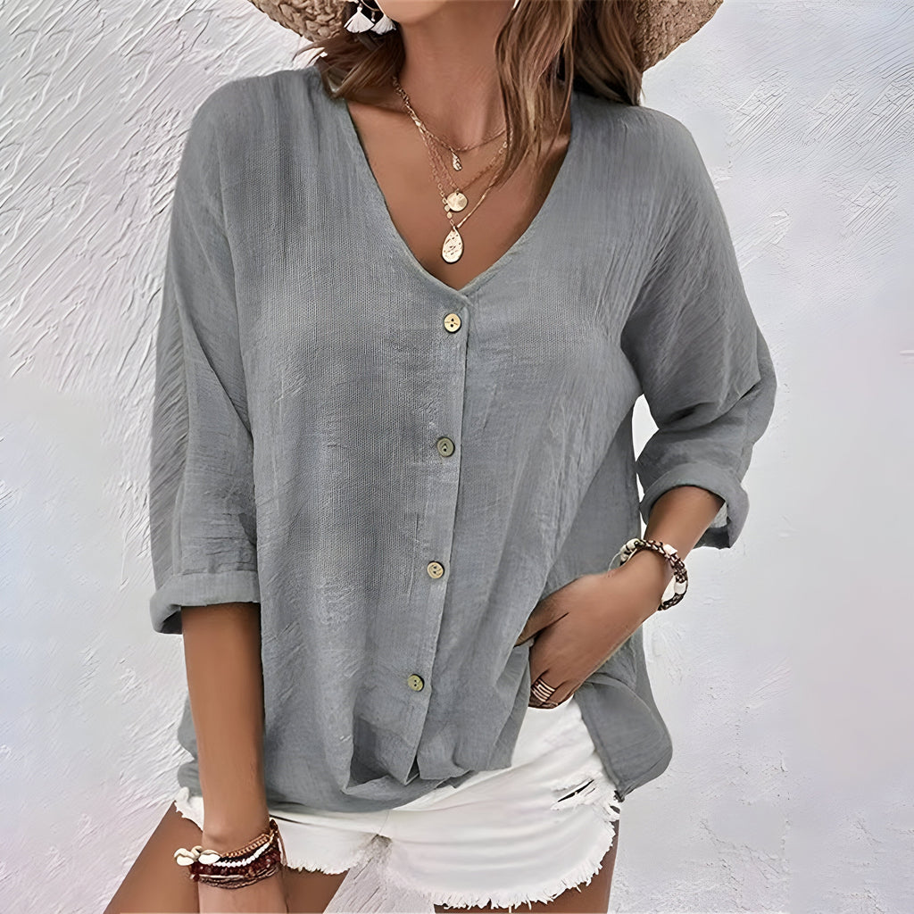 Women's button-front V-neck blouse, grey, loose fit, 3/4 sleeves