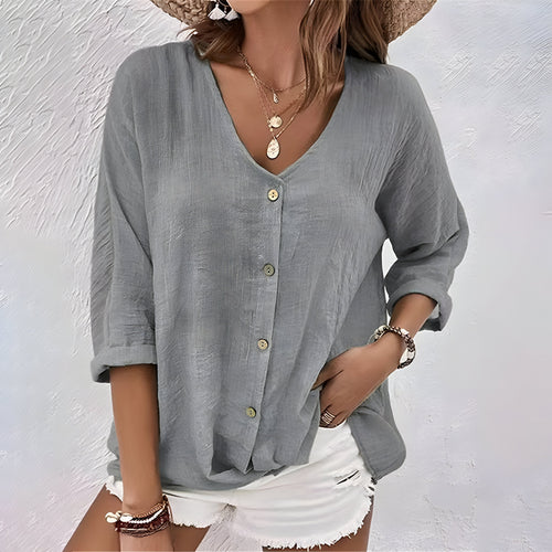 Women's gray V-neck blouse with button front, loose fit, 3/4 sleeves