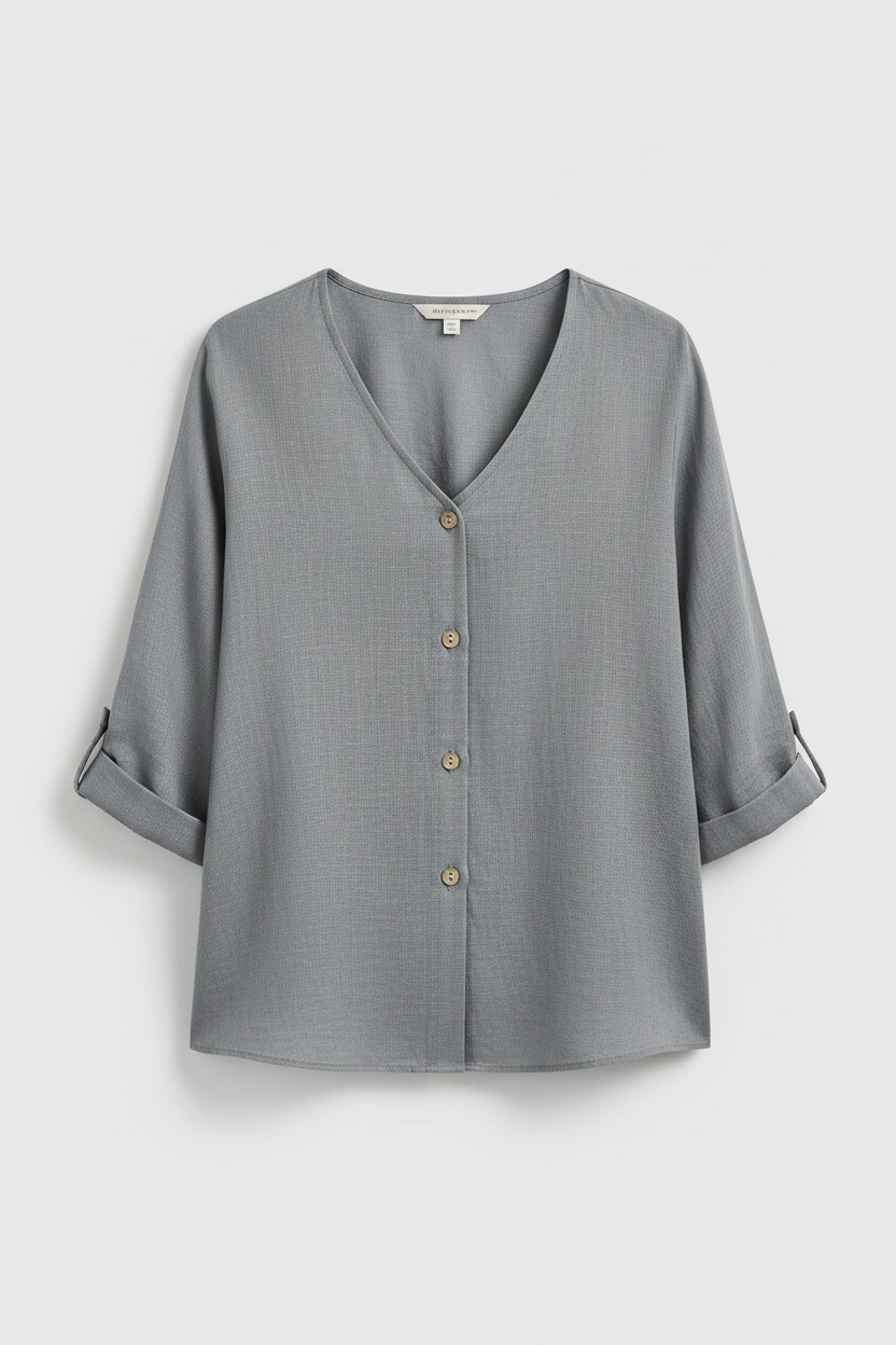 Women's button-front V-neck blouse, grey, 3/4 sleeves, laid flat