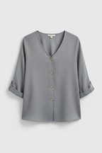 Women's button-front V-neck blouse, grey, 3/4 sleeves, laid flat