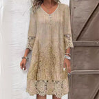 Khaki V-neck embroidered midi dress with lace sleeves and hem, button-front