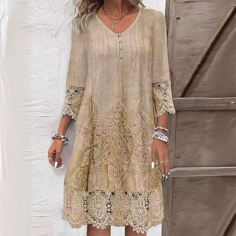 Khaki V-neck embroidered midi dress with lace sleeves and hem, button-front