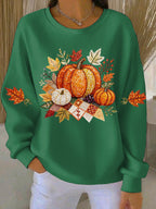 Green ribbed women's sweatshirt with fall pumpkin graphic and leaf accents