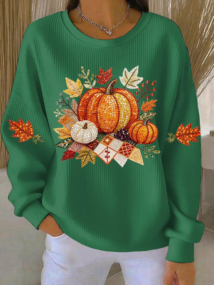 Green ribbed women's sweatshirt with fall pumpkin graphic and leaf accents