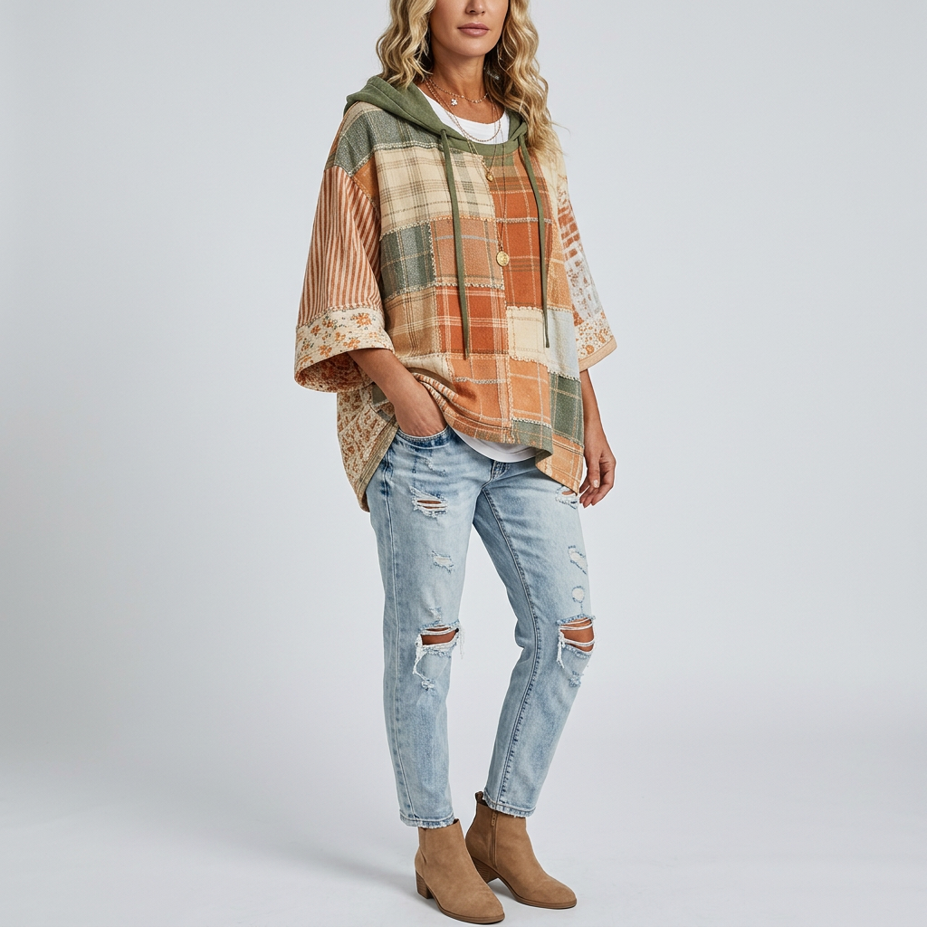 A woman models a patchwork hooded poncho top with mixed plaid and striped patterns in orange, beige, green, and brown, paired with light-wash distressed jeans and tan ankle boots, against a light gray studio background.