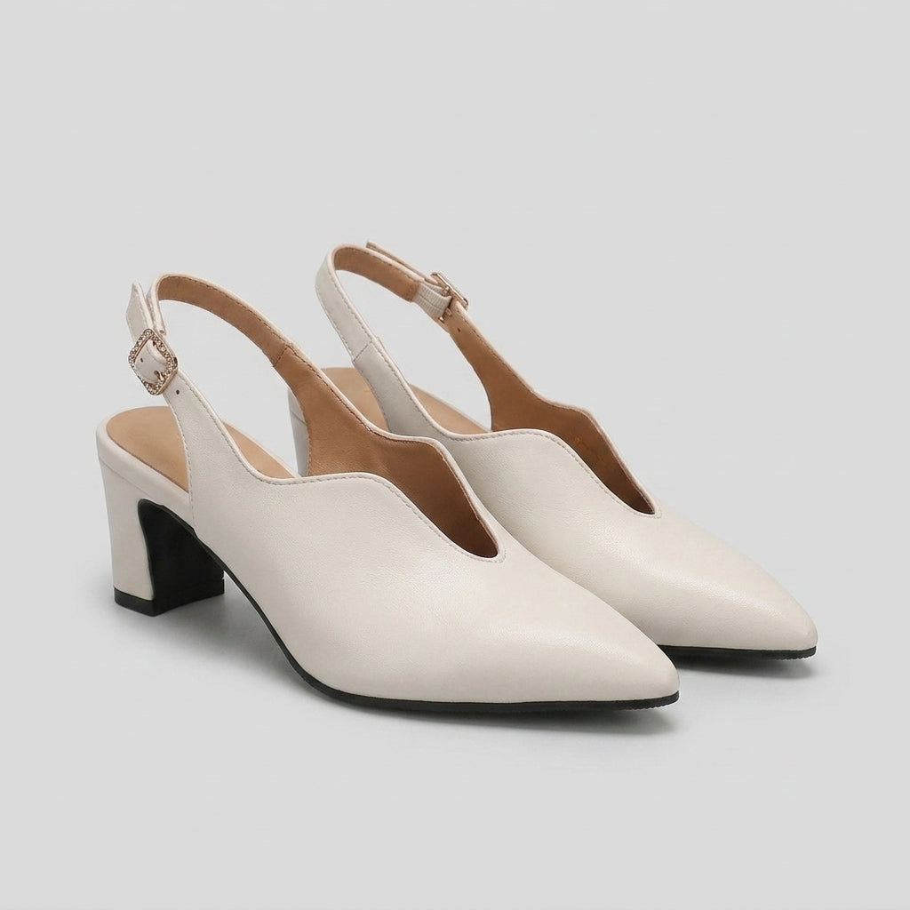 White pointed toe slingback sandals with black block heel
