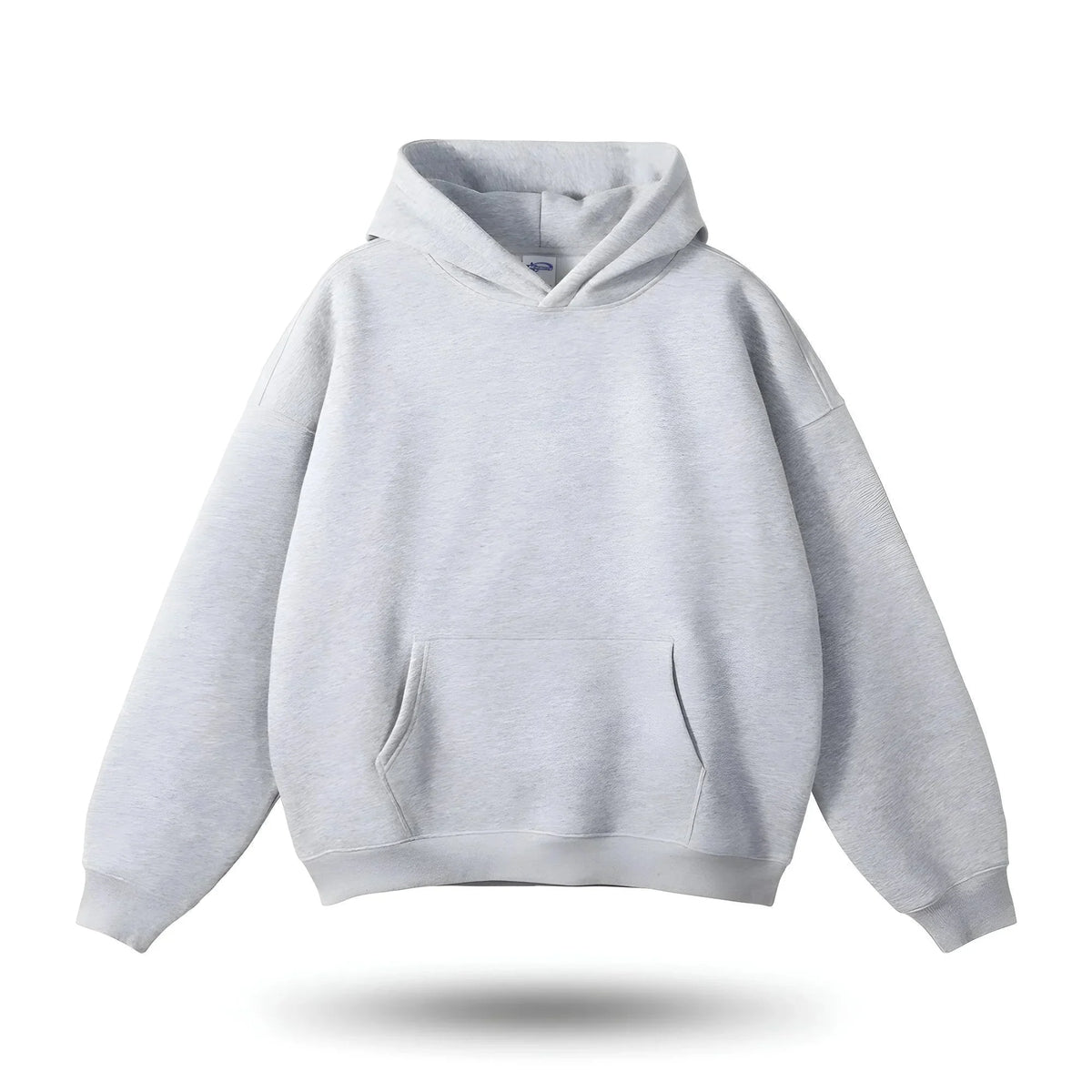 Light gray women’s relaxed-fit pullover hoodie with hood and front pocket
