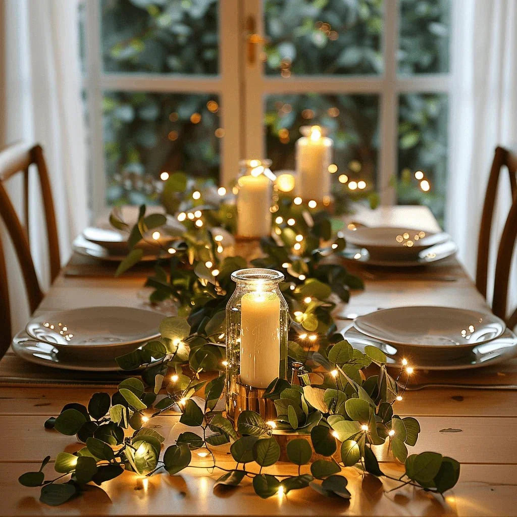 Leafy LED centerpiece with warm candle lights on dining table