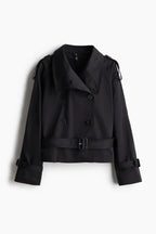 Black stand-up collar trench coat with double-breasted buttons and waist belt