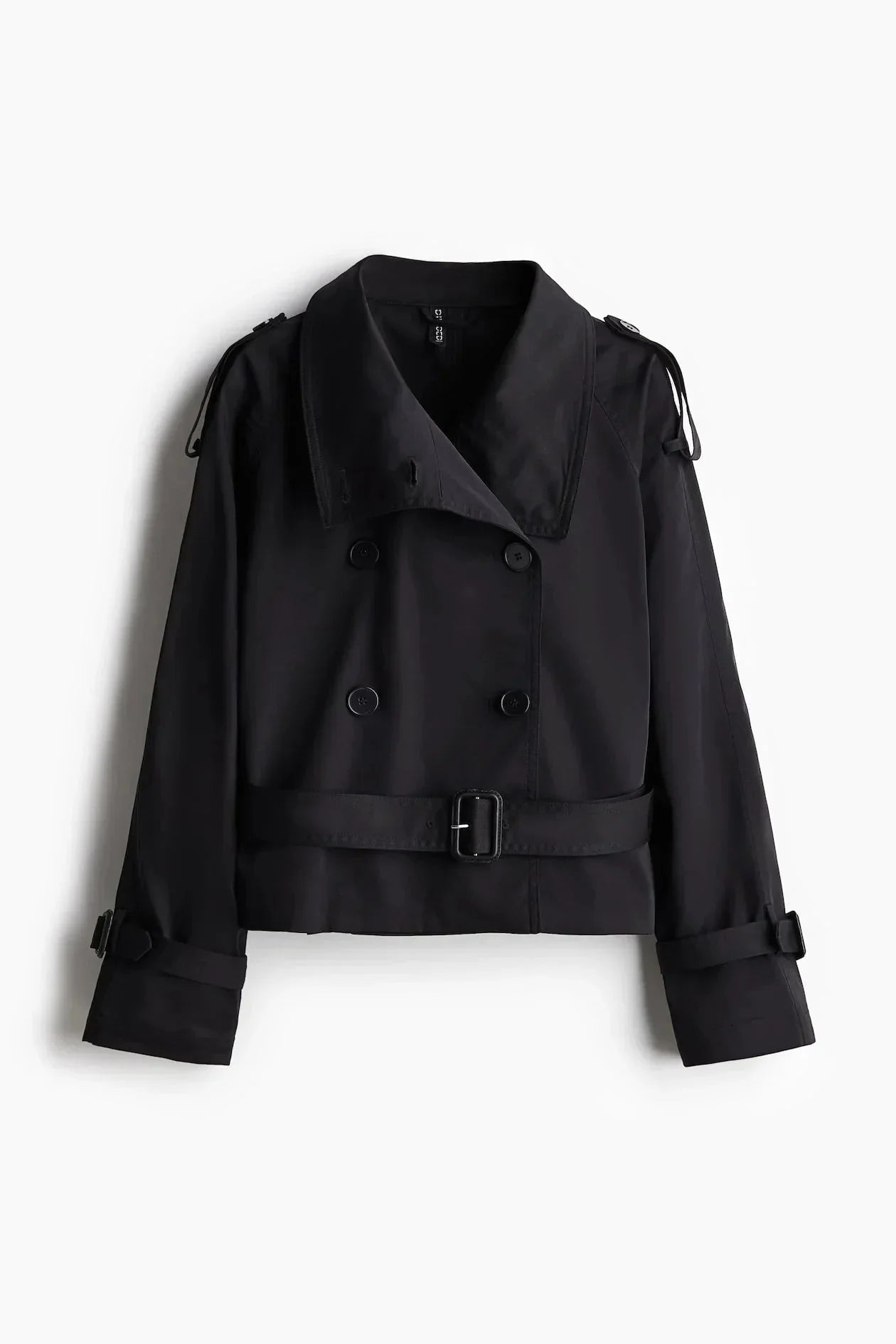 Black stand-up collar trench coat with double-breasted buttons and waist belt