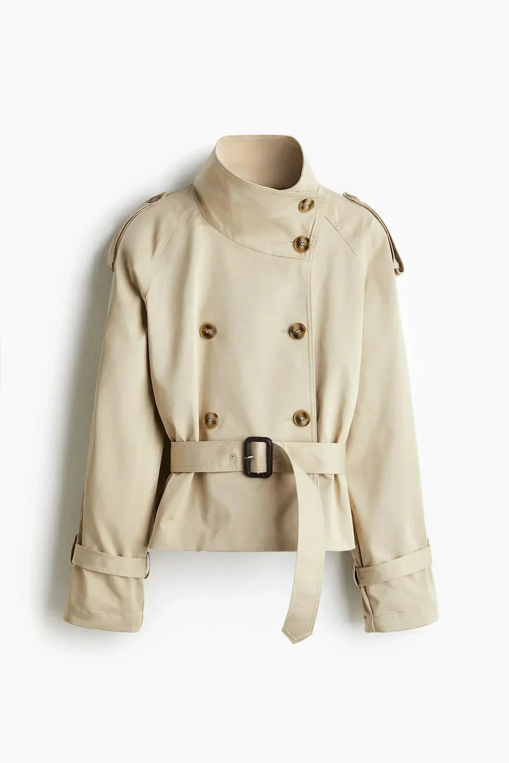 Light beige trench coat with stand-up collar and tied belt, front view