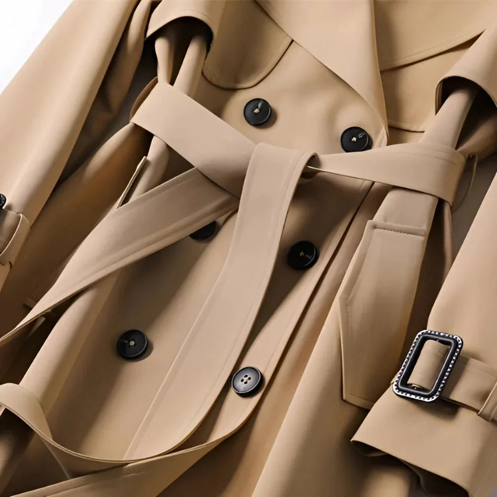 Women’s long trench coat with belt and lapels, light brown with black buttons.