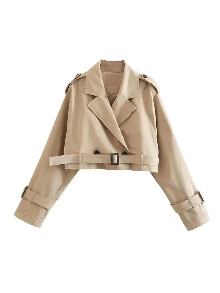 Short light-brown trench coat, belted waist, notched lapels, buttoned shoulder straps