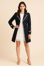 Women's double-breasted trench coat, navy with trim, notched lapels, button front, belted hem